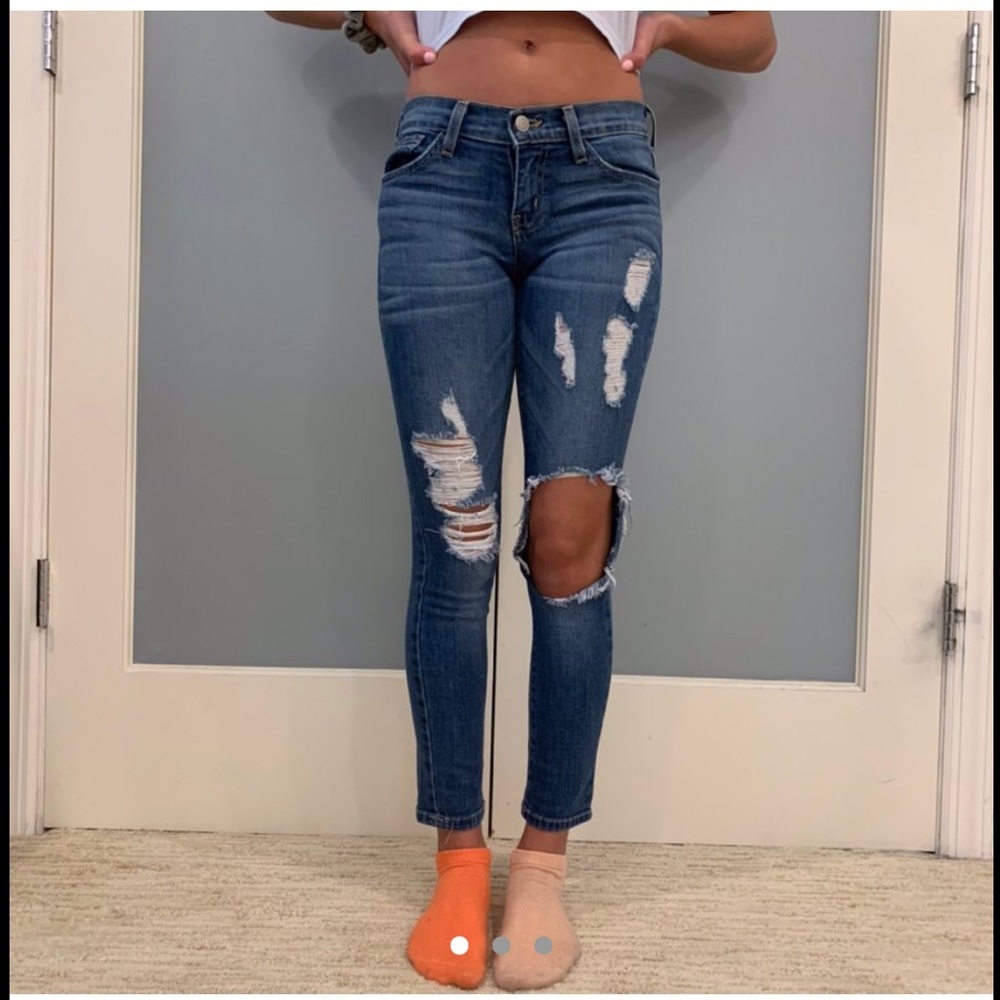 Navy blue ripped flying money skinny jeans